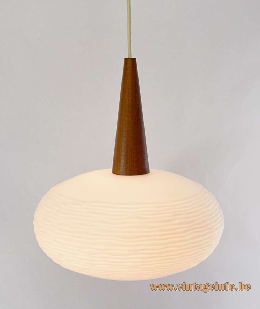 Oval globe pendant lamp frosted embossed opal glass sphere lampshade conical teak wood 1960s Massive Belgium