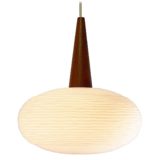 Oval globe pendant lamp frosted embossed opal glass sphere lampshade conical teak wood 1960s Massive Belgium