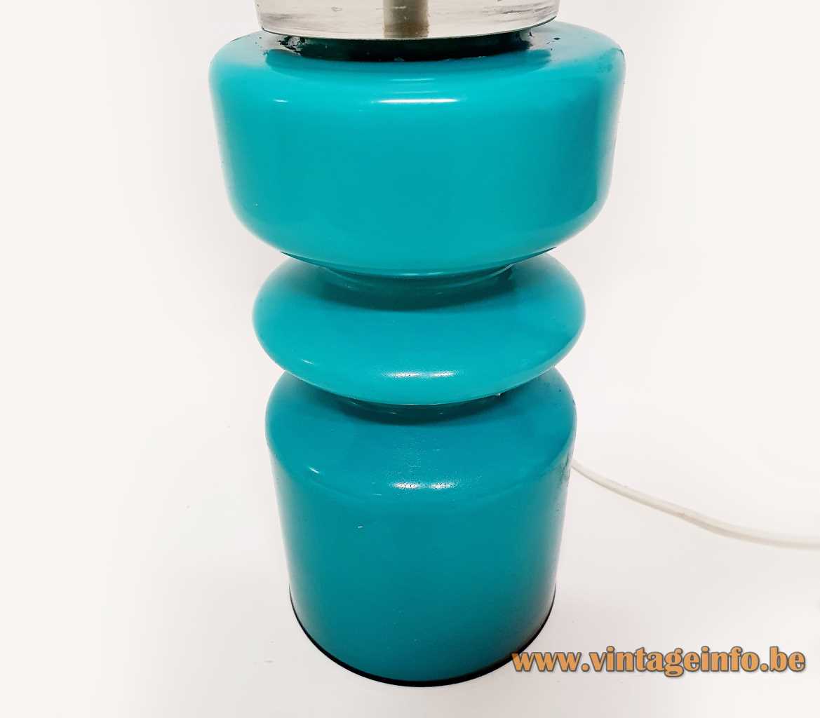 Turquoise glass table lamp round hand blown blue base white opal globe lampshade 1970s
