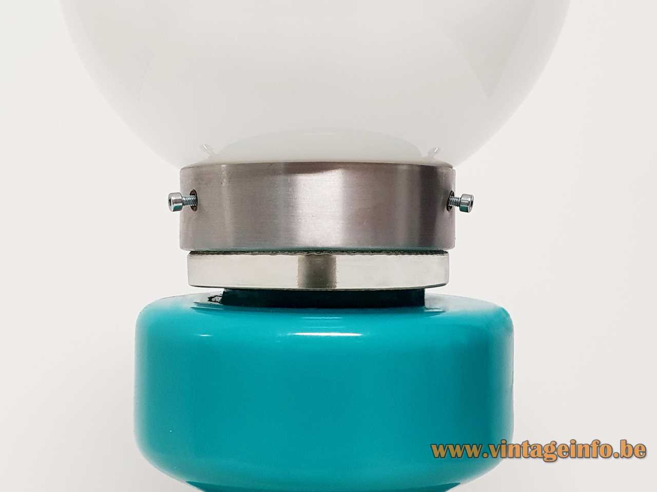 Turquoise glass table lamp round hand blown blue base white opal globe lampshade 1970s