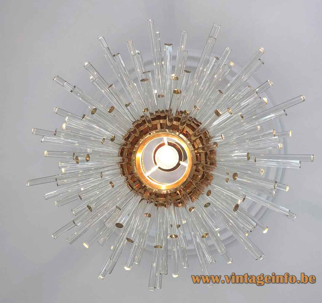 1960s Bakalowits Miracle chandelier model 3317 brass globe lampshade sputnik glass rods sunburst lamp Austria