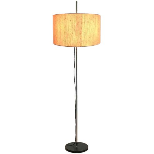 1960s Staff floor lamp round black metal base chrome rod fabric lampshade E27 sockets Germany 1970s