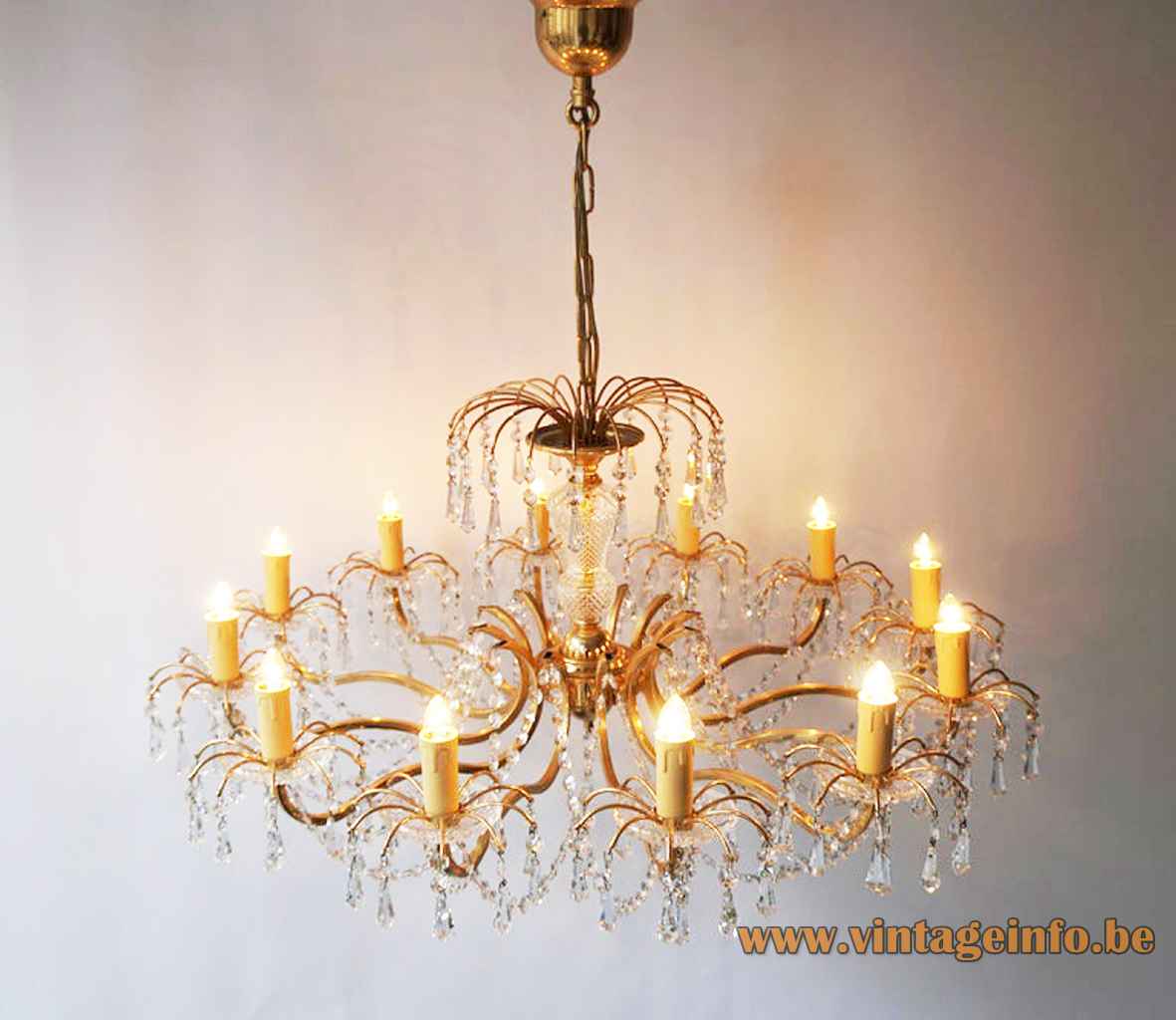 1970s crystal glass chandelier cut glass beads & pearls lampshade curved brass rods metal chain Massive Belgium