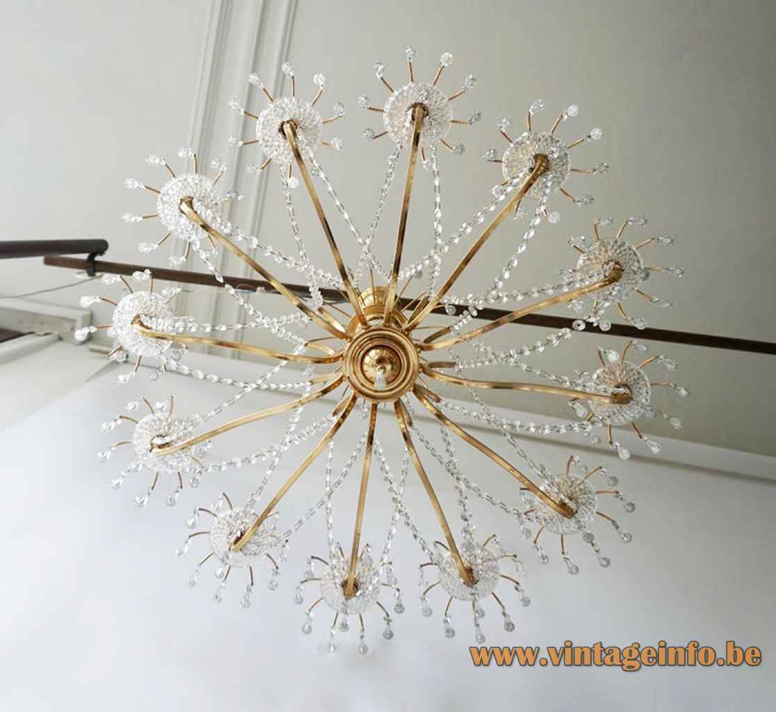 1970s crystal glass chandelier cut glass beads & pearls lampshade curved brass rods metal chain Massive Belgium