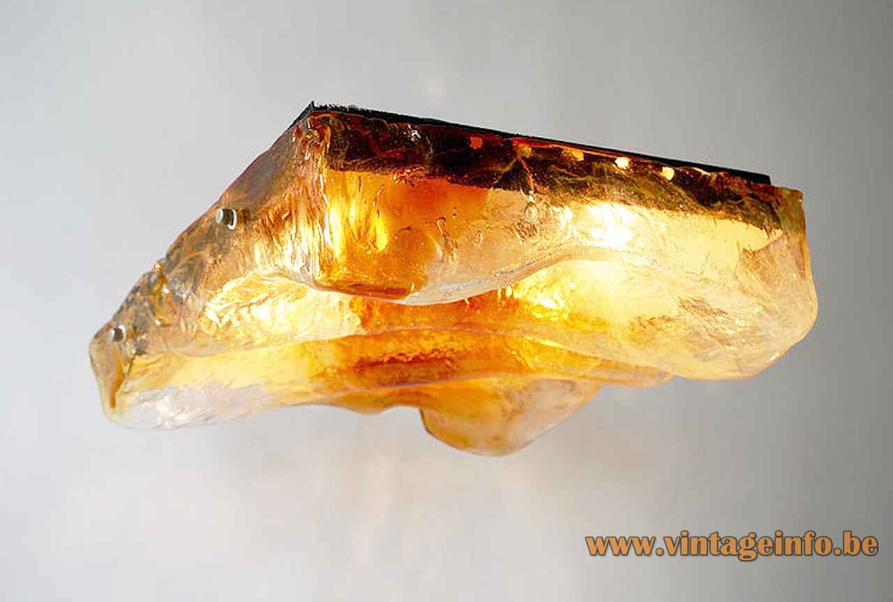 AV Mazzega square flush mount hand blown clear & amber embossed glass tile lampshade 1970s Murano Italy