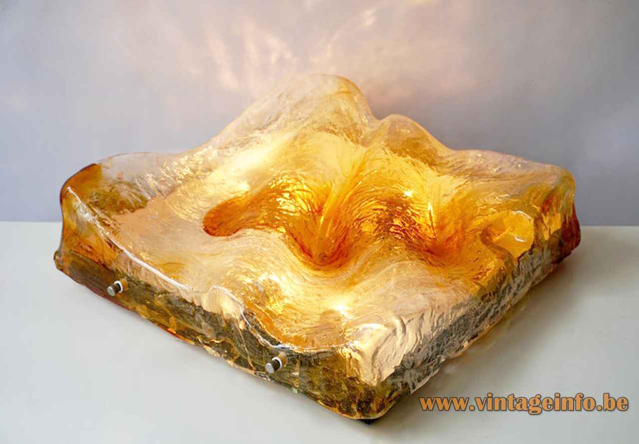 AV Mazzega square flush mount hand blown clear & amber embossed glass tile lampshade 1970s Murano Italy