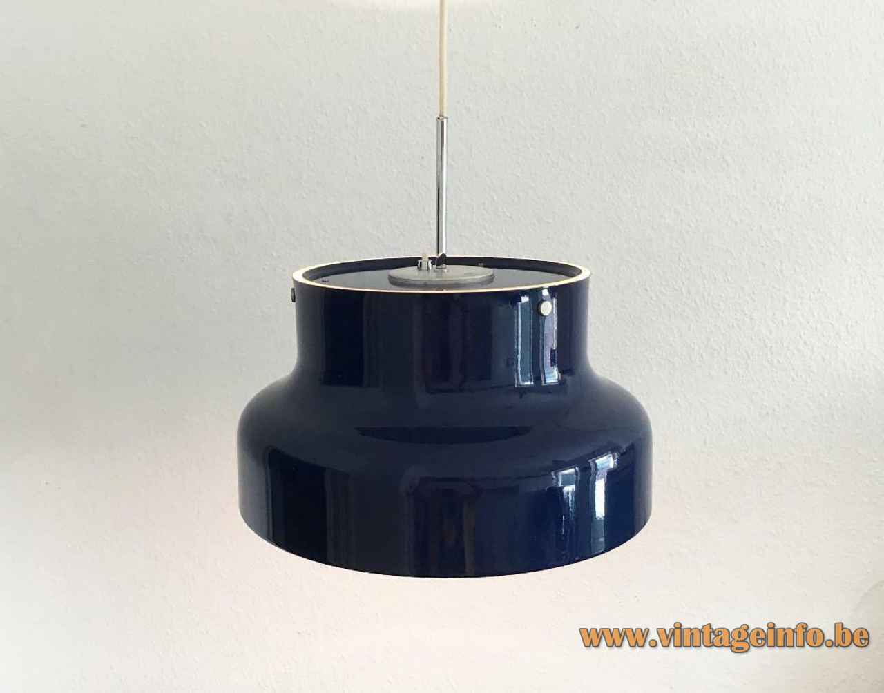 Anders Pehrson Bumling pendant lamp round blue metal lampshade white grid 1968 design Atelje Lyktan Sweden