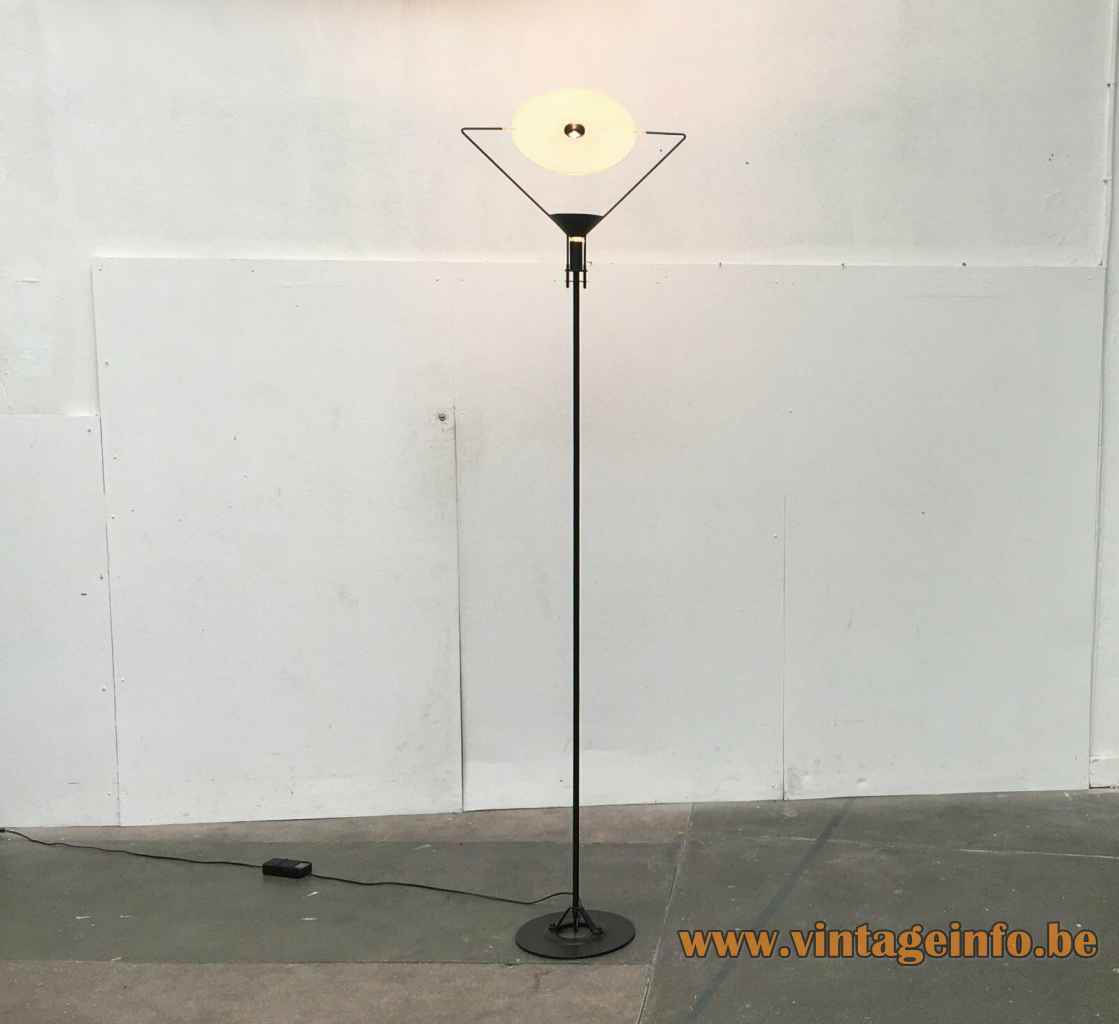 Artemide Polifemo floor lamp 1983 design: Carlo Forcolini round base long rod disc lampshade 1980s Italy