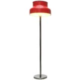 Atelje Lyktan Bumling floor lamp round chrome base & rod red aluminium lampshade 1968 design: Anders Pehrson Sweden