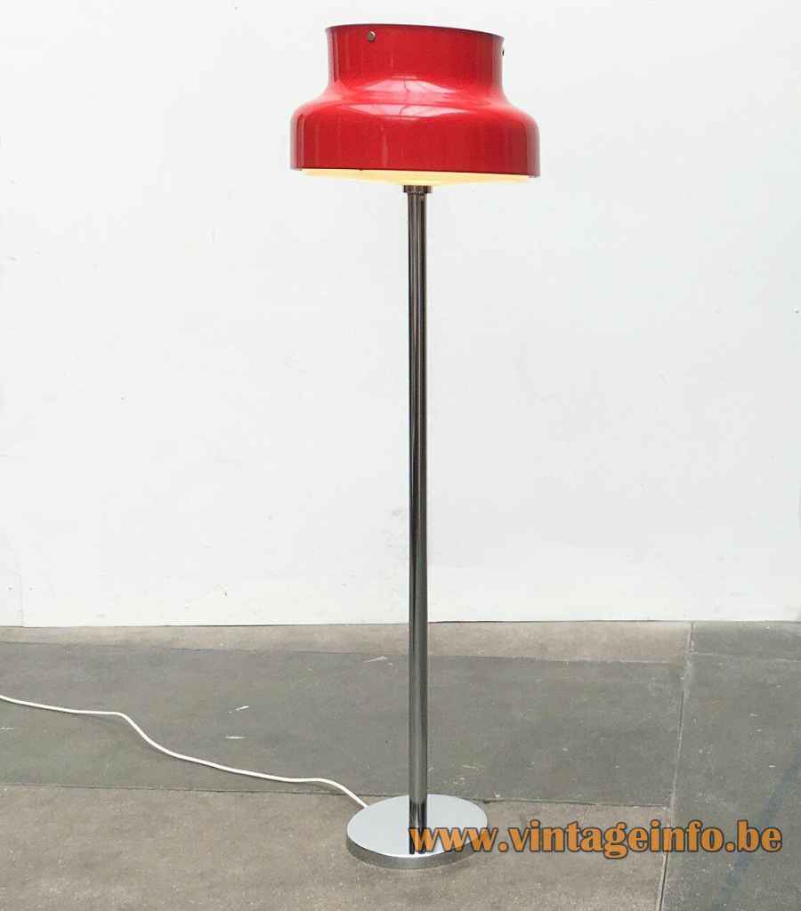 Atelje Lyktan Bumling floor lamp round chrome base & rod red aluminium lampshade 1968 design: Anders Pehrson Sweden