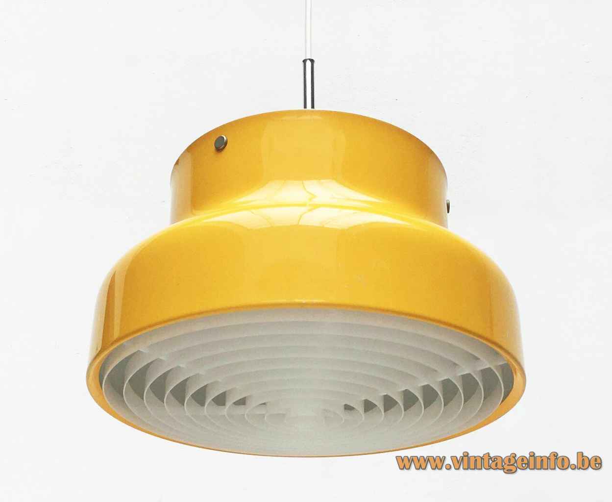 Atelje Lyktan Bumling pendant lamp 1968 design: Anders Pehrson round yellow metal lampshade white grid Sweden