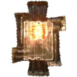 Brutalist wrought iron wall lamp rectangular clear & orange glass lampshade 1970s Design: Albano Poli, Poliarte, Italy