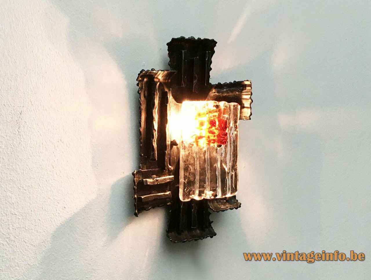 Brutalist wrought iron wall lamp rectangular clear & orange glass lampshade 1970s Design: Albano Poli, Poliarte, Italy