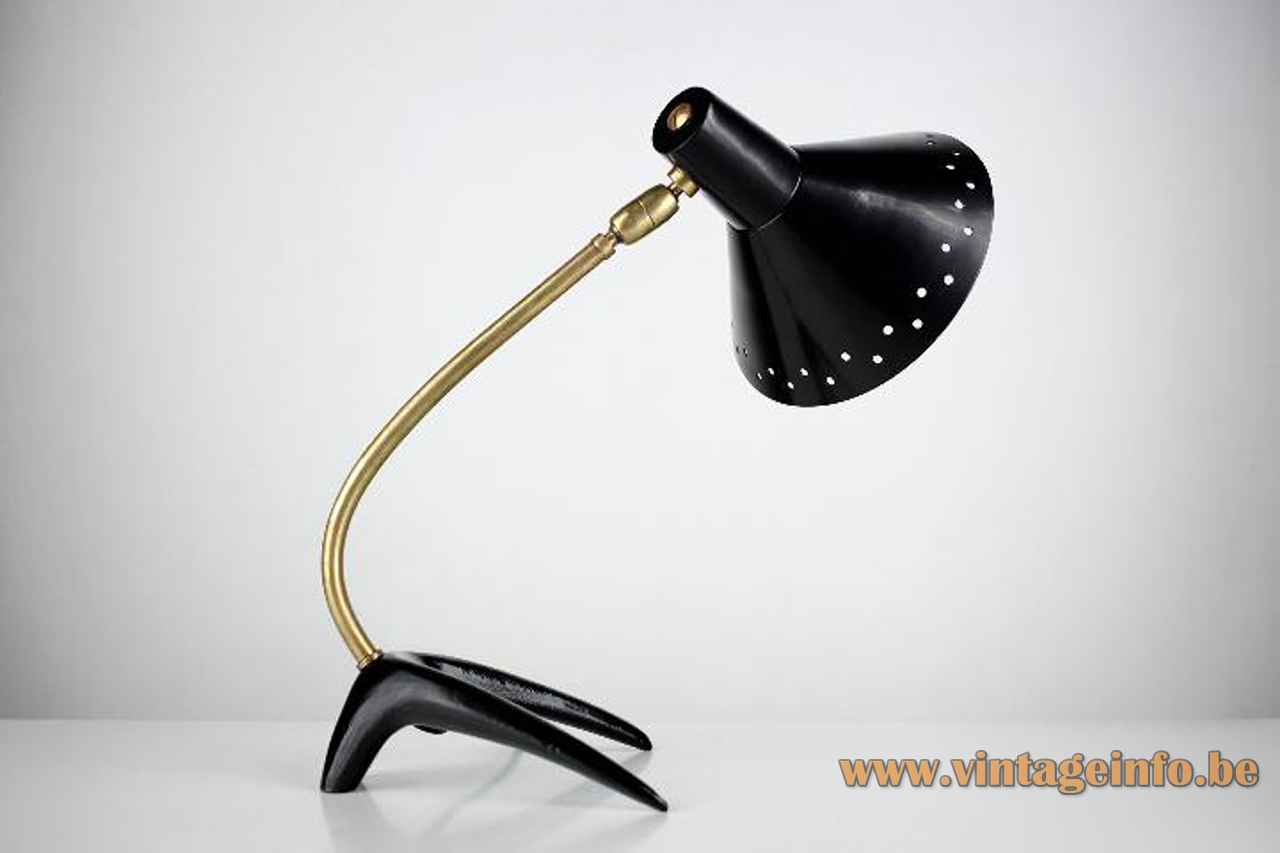 Cosack crowfoot desk lamp cast iron base curved brass rod black conical lampshade 1950s 1960s Germany