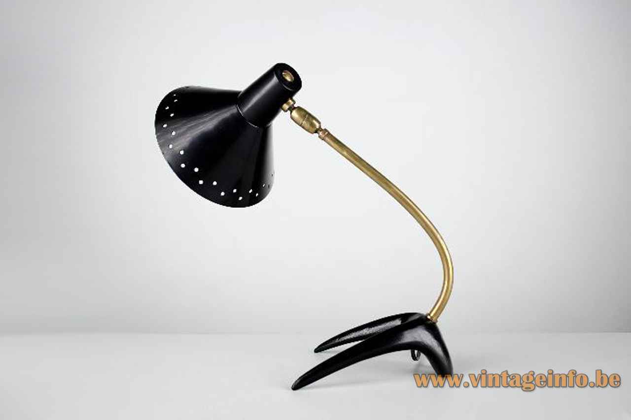 Cosack crowfoot desk lamp cast iron base curved brass rod black conical lampshade 1950s 1960s Germany