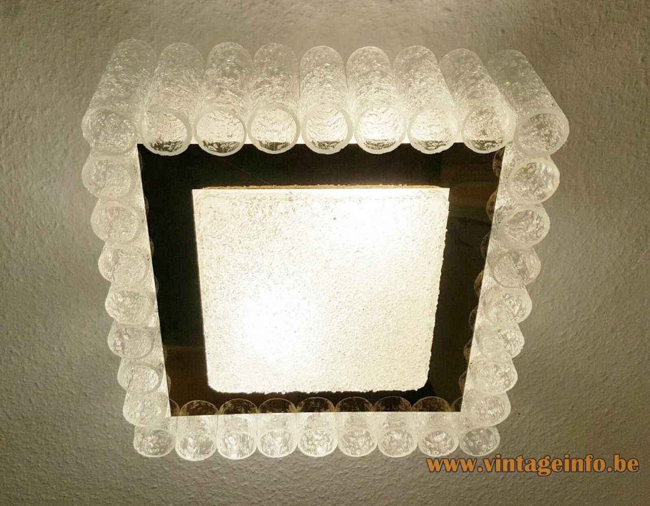 DORIA square glass flush mount round tubes lampshade brass ring 1960s 1970s Germany 2 E27 sockets