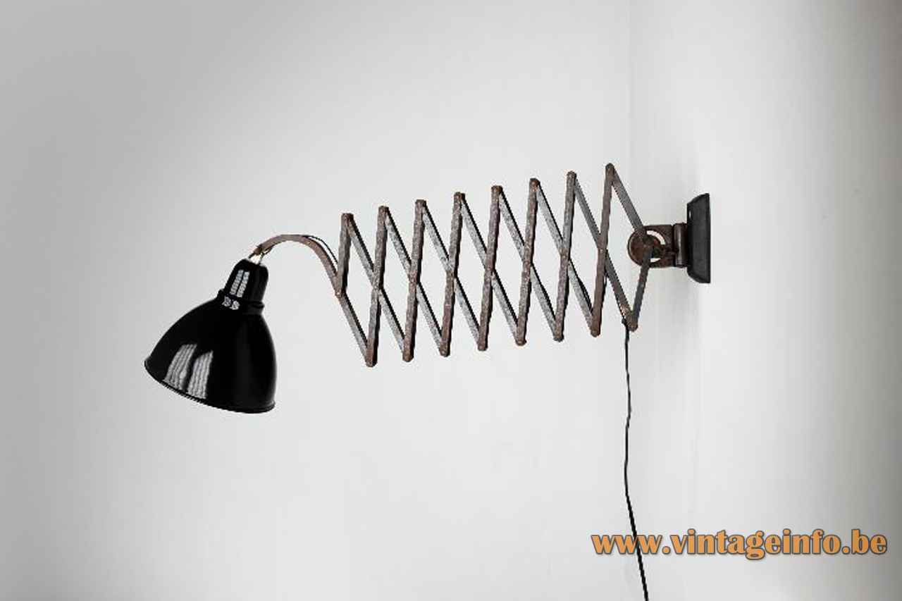 EGSA scissor wall lamp black industrial metal adjustable round lampshade 1950s Esmaltería Guipuzcoana Spain E27 socket