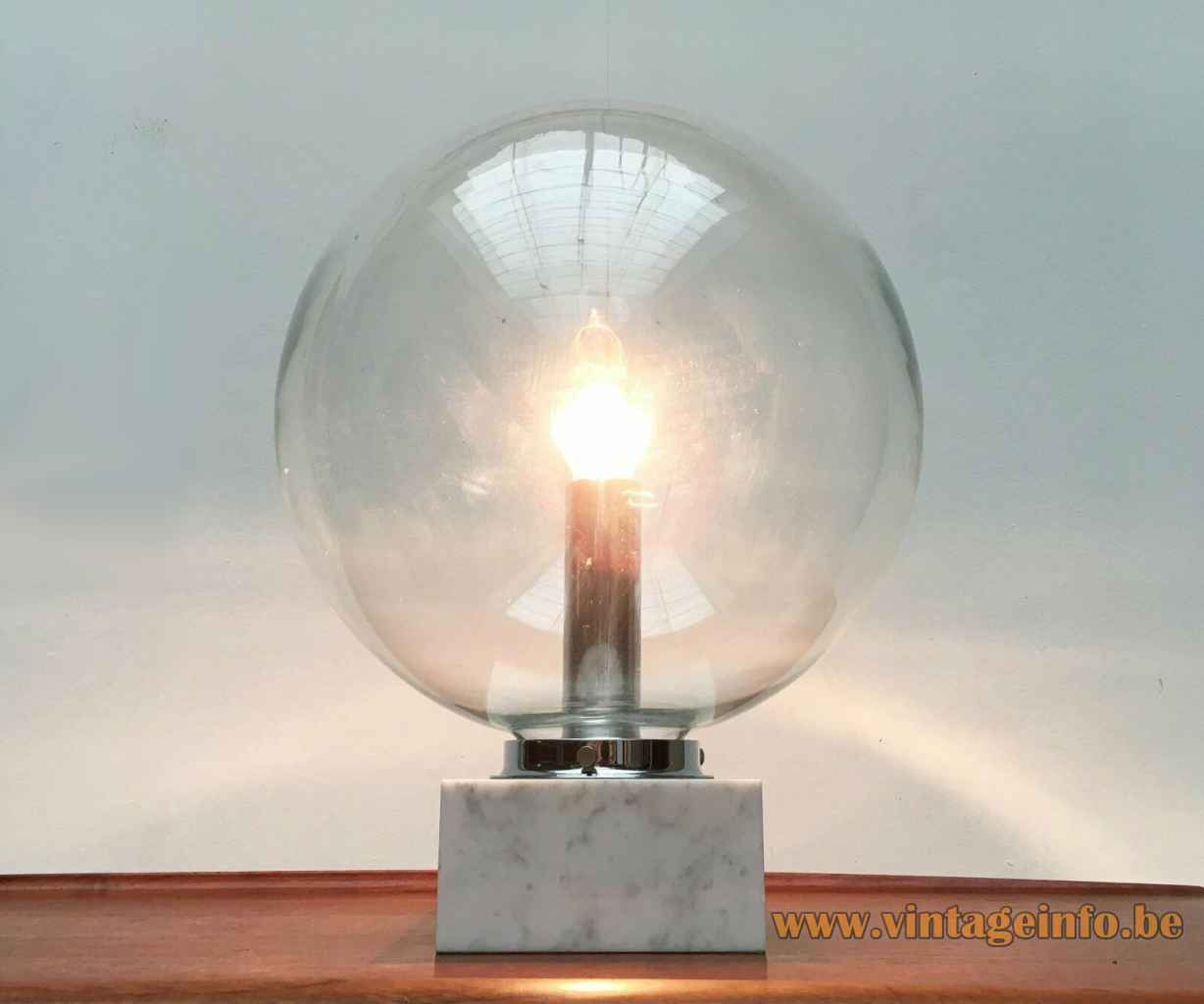 ERCO globe table lamp 3480 square marble base clear glass lampshade chrome tube 1970s Germany