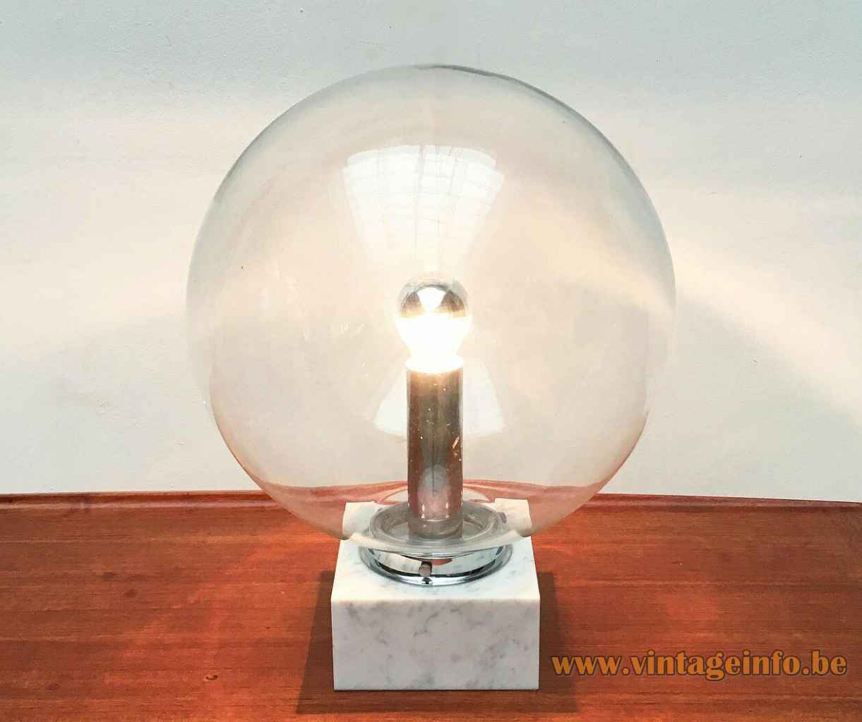 ERCO globe table lamp 3480 square marble base clear glass lampshade chrome tube 1970s Germany
