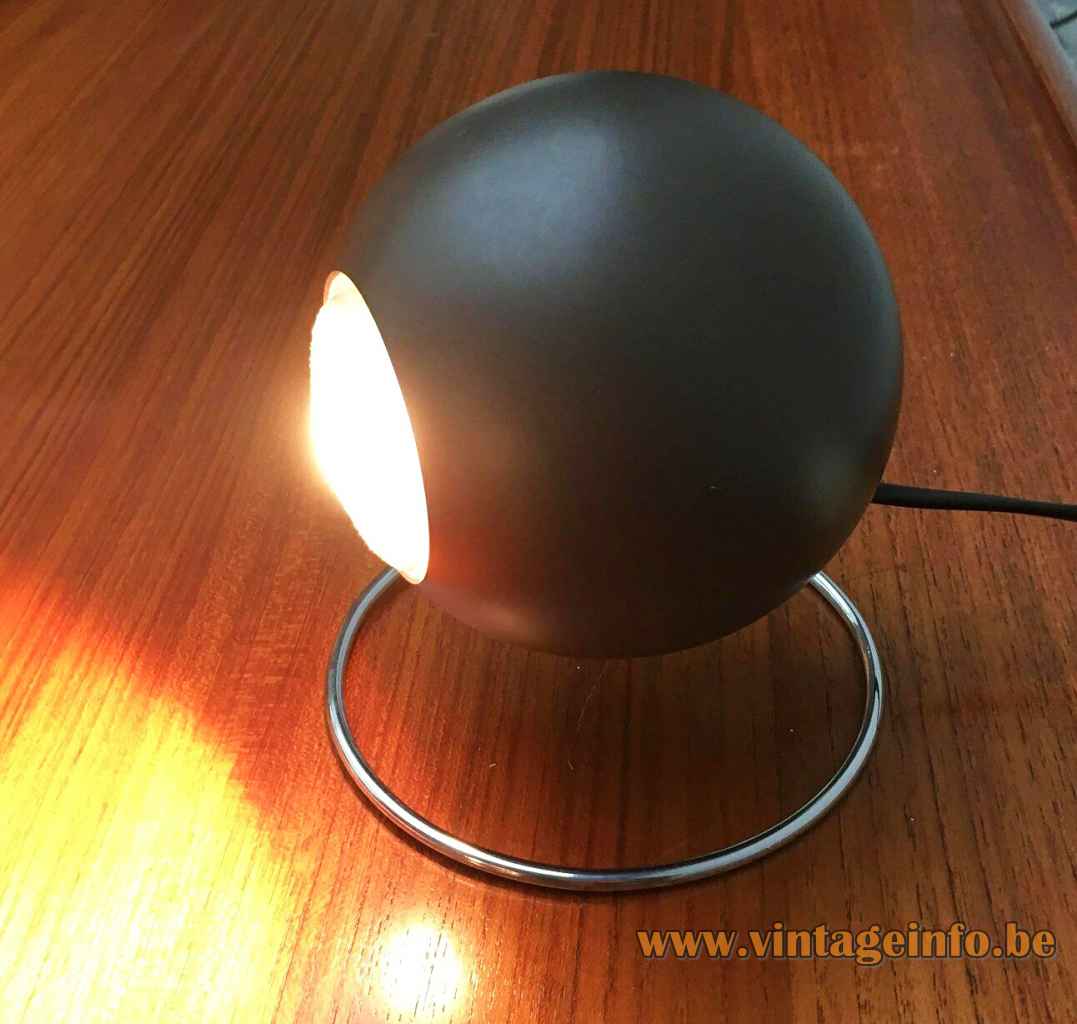 ERCO globe table lamp chrome ring base brown bronze aluminium sphere lampshade 1970s Germany E27 socket