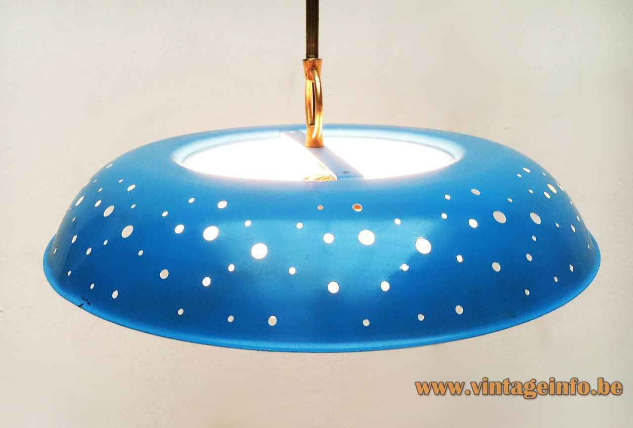 Ernest Igl Hillebrand pendant lamp round holes perforated blue lampshade opal glass diffuser 1950s Hillebrand-Leuchten Germany
