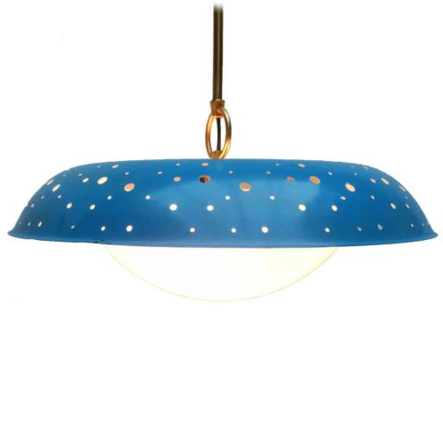 Ernest Igl Hillebrand pendant lamp round holes perforated blue lampshade opal glass diffuser 1950s Hillebrand-Leuchten Germany