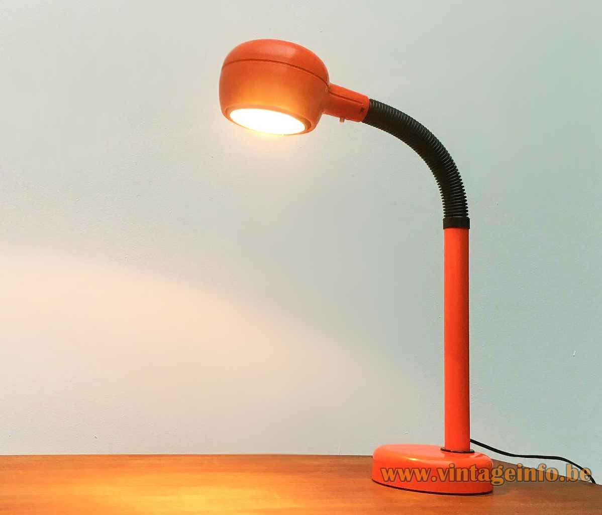 Fagerhults Cobra desk lamp round metal base & tube black flexible orange lampshade 1970s Sweden E27 socket