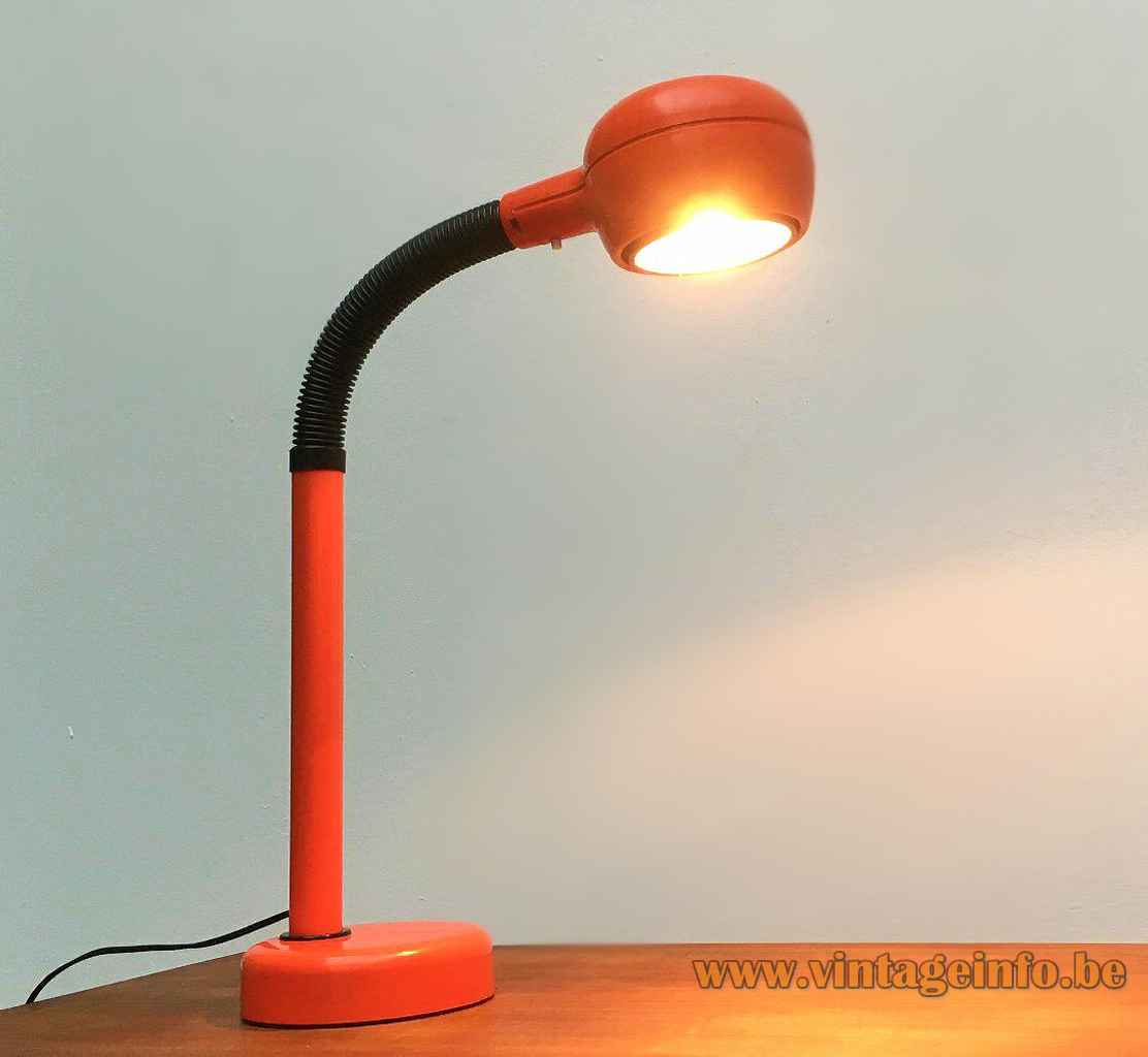 Fagerhults Cobra desk lamp round metal base & tube black flexible orange lampshade 1970s Sweden E27 socket