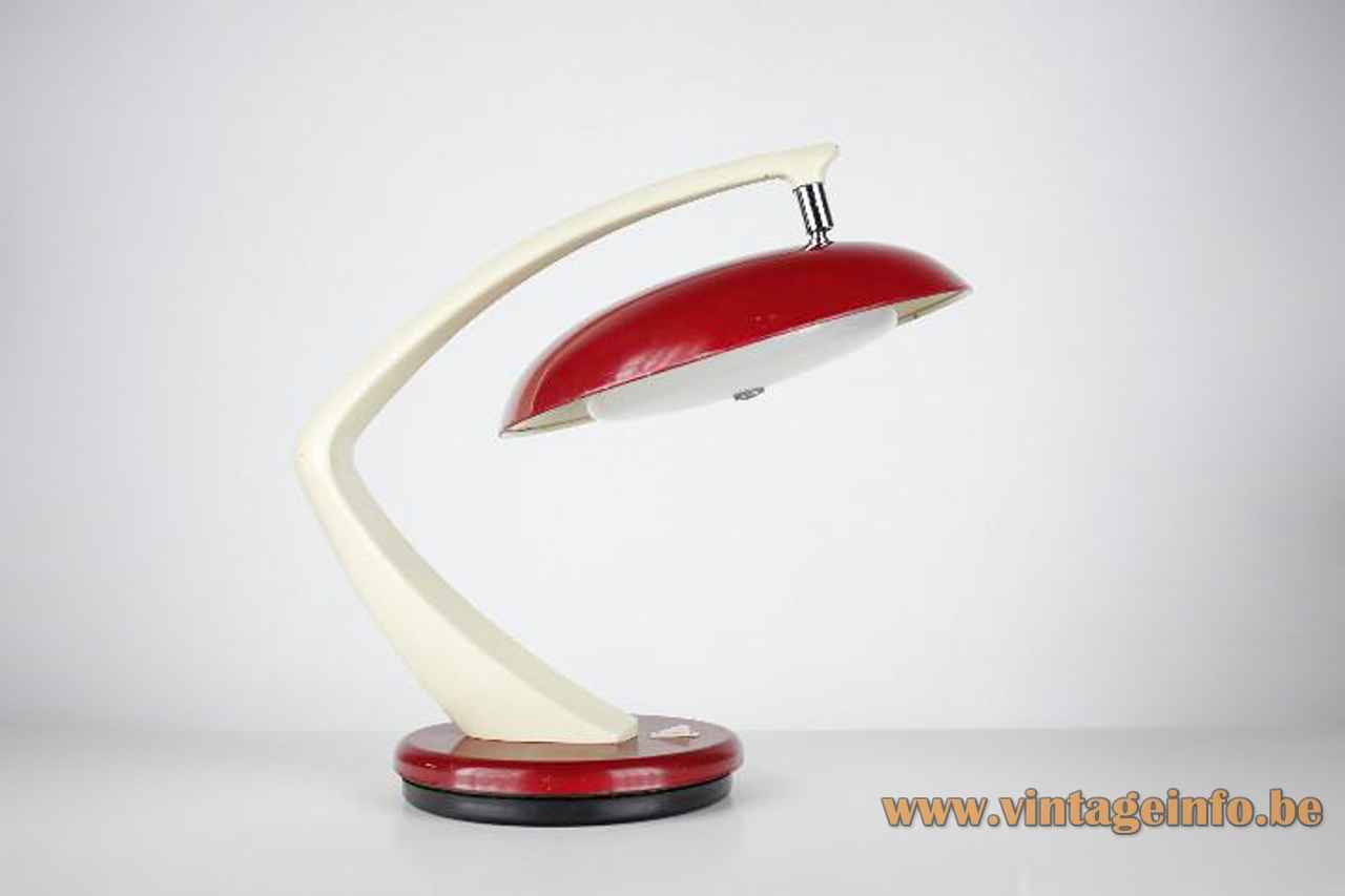 Fase Boomerang 64 desk lamp red metal base curved white rod round lampshade 1960s 1970s Spain