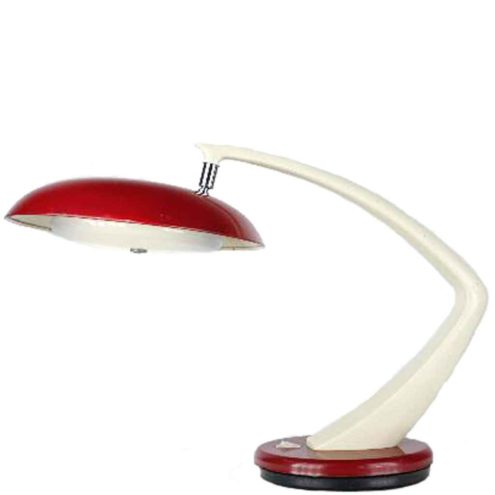 Fase Boomerang 64 desk lamp red metal base curved white rod round lampshade 1960s 1970s Spain