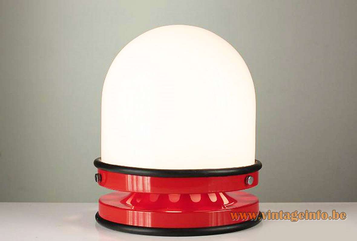 Grup Bonamusa Tramo table lamp red metal base black rubber rings opal glass lampshade 1960s 1970s