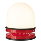 Grup Bonamusa Tramo table lamp red metal base black rubber rings opal glass lampshade 1960s 1970s