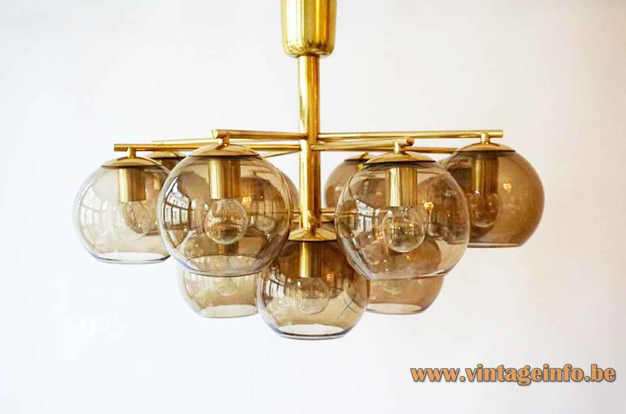 Hans-Agne Jakobsson style smoked globes chandelier 12 glass lampshades brass tubes 1960s 1970s Cosack Leuchten Germany
