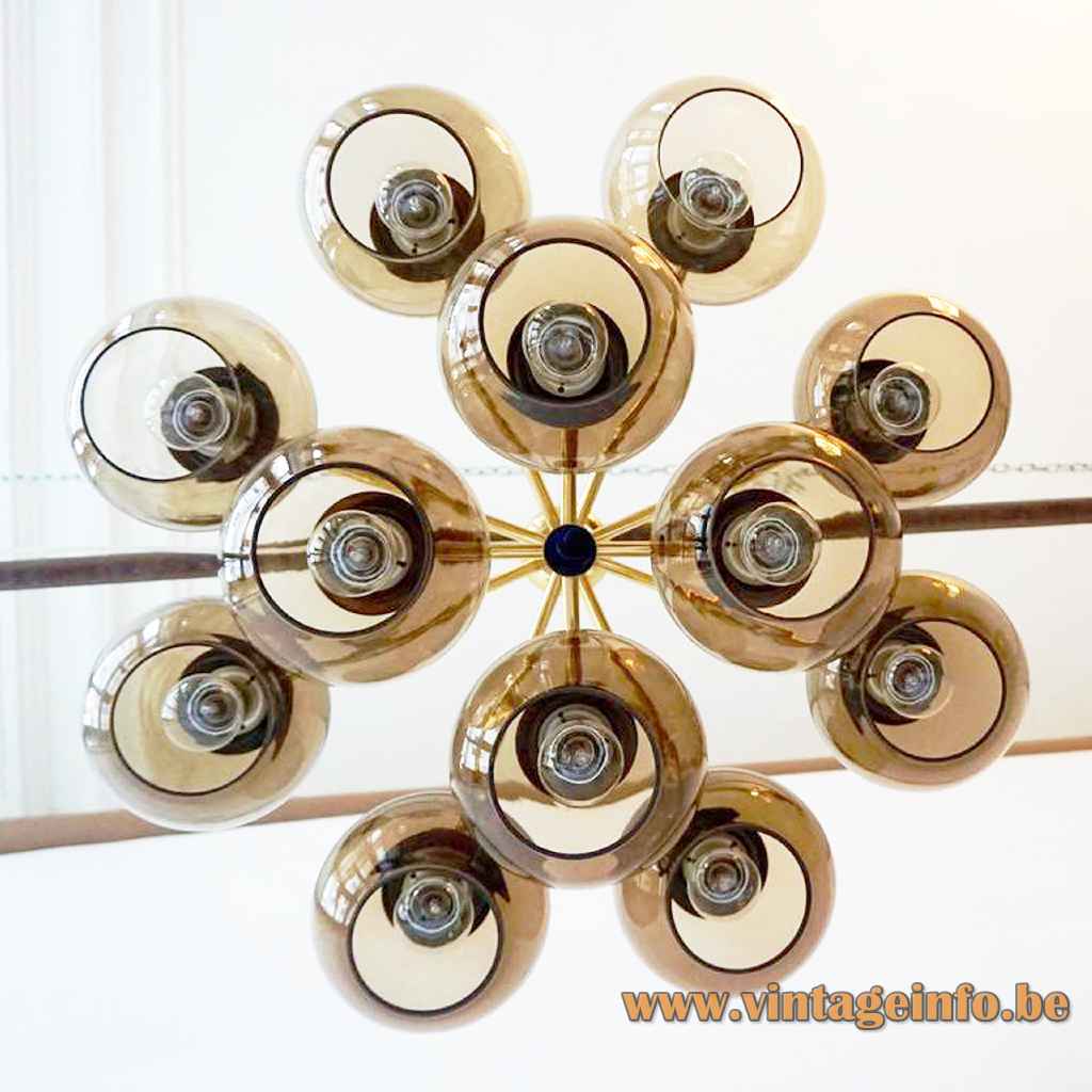 Hans-Agne Jakobsson style smoked globes chandelier 12 glass lampshades brass tubes 1960s 1970s Cosack Leuchten Germany
