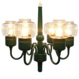 Hans-Agne Jakobsson T 526 chandelier green metal frame 6 clear glass lampshades 1960s Sweden