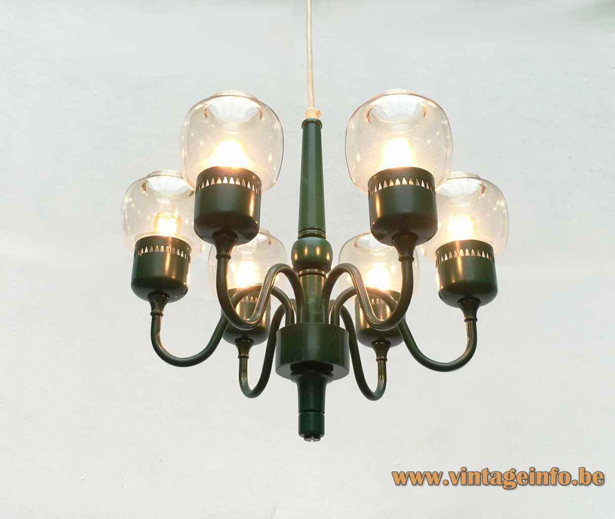 Hans-Agne Jakobsson T 526 chandelier green metal frame 6 clear glass lampshades 1960s Sweden