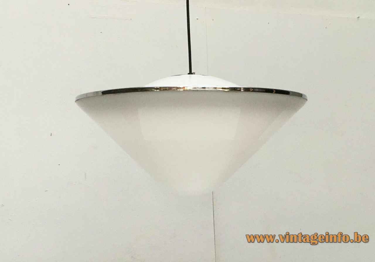 Harveiluce Elpis pendant lamp round white acrylic conical lampshade chrome ring 1960s 1970s Harvey Guzzini Italy