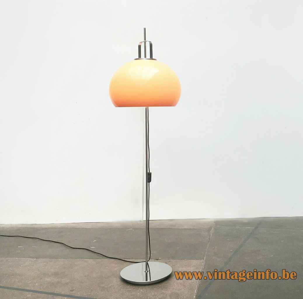 Harveiluce Lucerna floor lamp round chrome base long rod brown acrylic lampshade Harvey Guzzini Italy 1960s 
