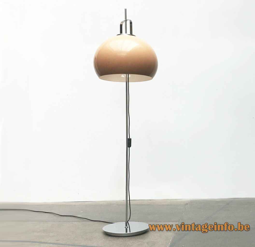 Harveiluce Lucerna floor lamp round chrome base long rod brown acrylic lampshade Harvey Guzzini Italy 1960s 