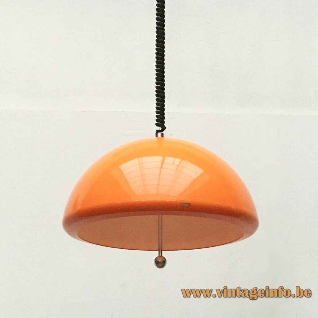 Harvey Guzzini Cabras pendant lamp round orange acrylic lampshade chrome ball handle 1960s 1970s iGuzzini Italy