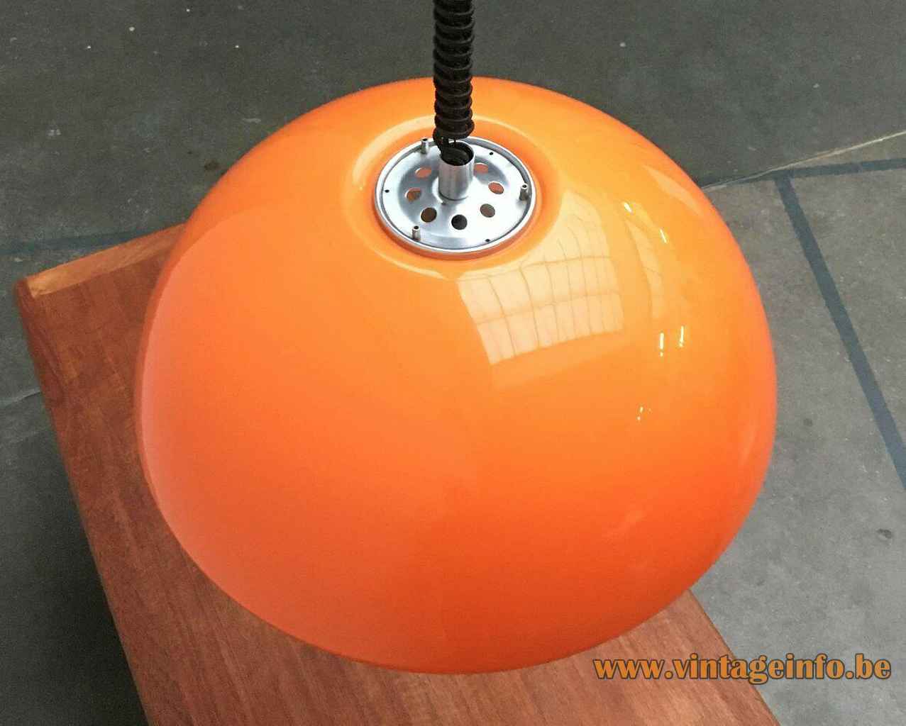 Harvey Guzzini Cabras pendant lamp round orange acrylic lampshade chrome ball handle 1960s 1970s iGuzzini Italy