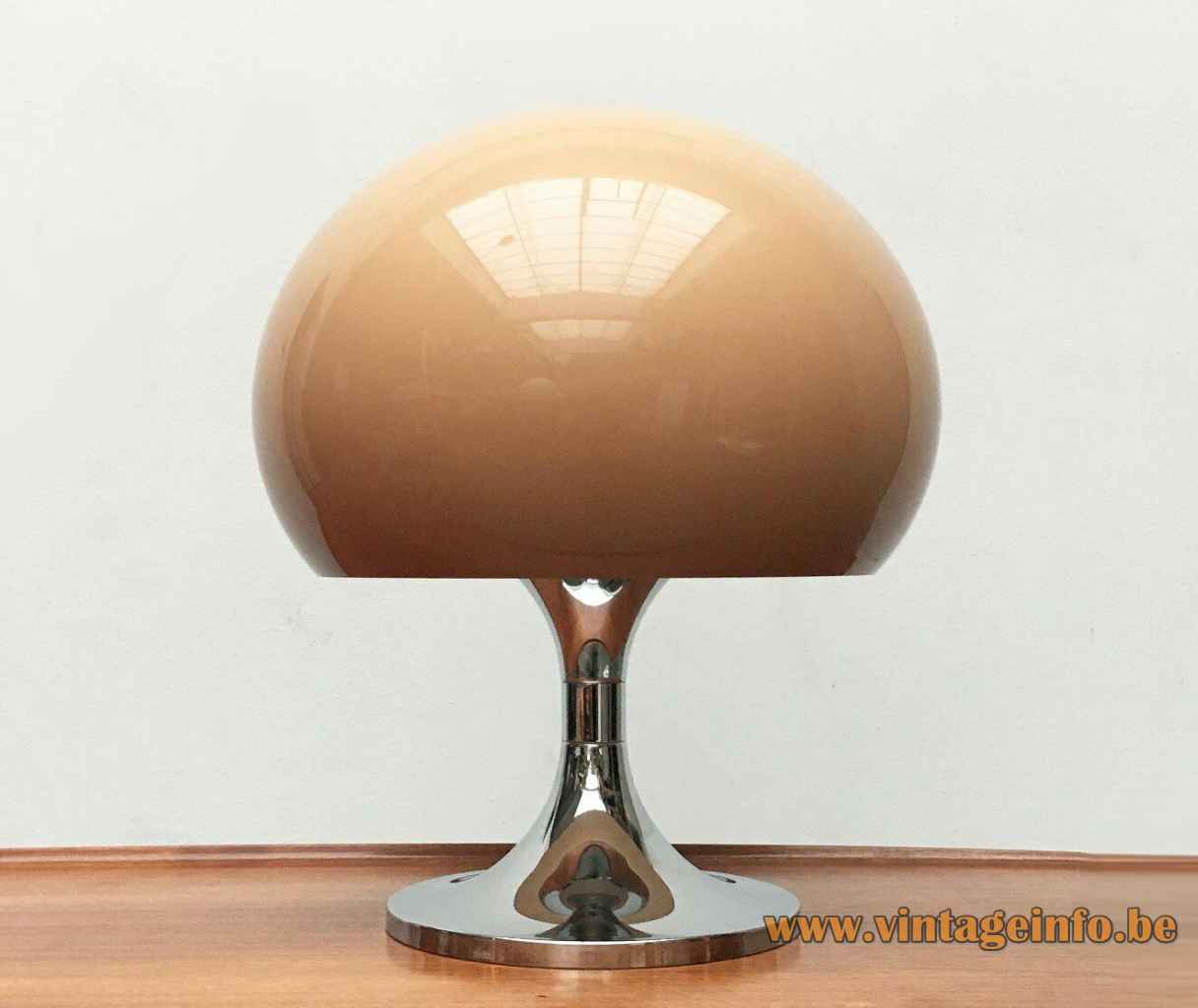 Harvey Guzzini Duetto table lamp conical round chrome base brown acrylic mushroom globe lampshade 1970s Italy