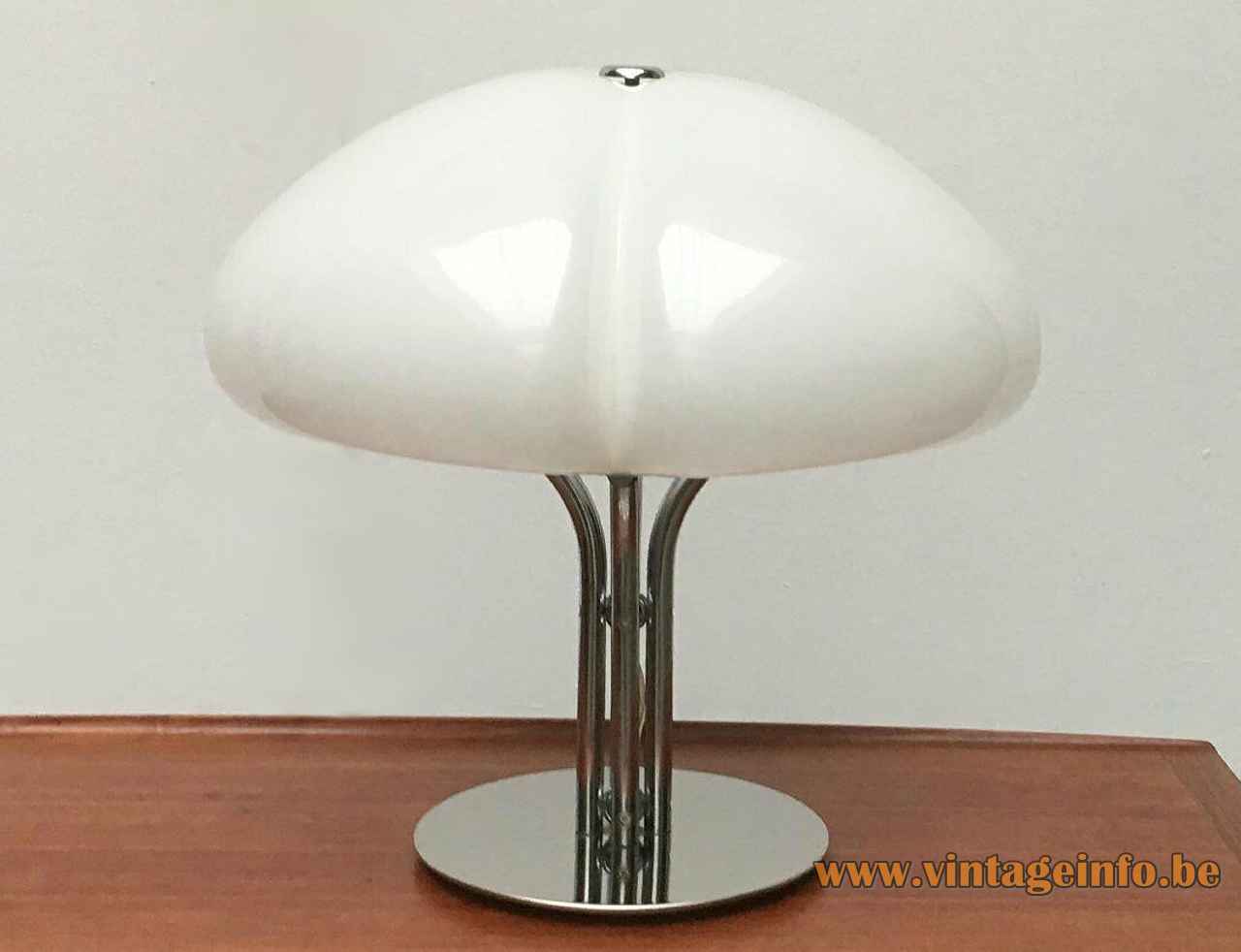 Harvey Guzzini Quadrifoglio table lamp round chrome base white acyrlic lampshade 1960s 1970s Italy model: 4000