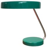 Kaiser Leuchten desk lamp 6658 round green base curved chrome rod mushroom lampshade 1960s 1970s Germany