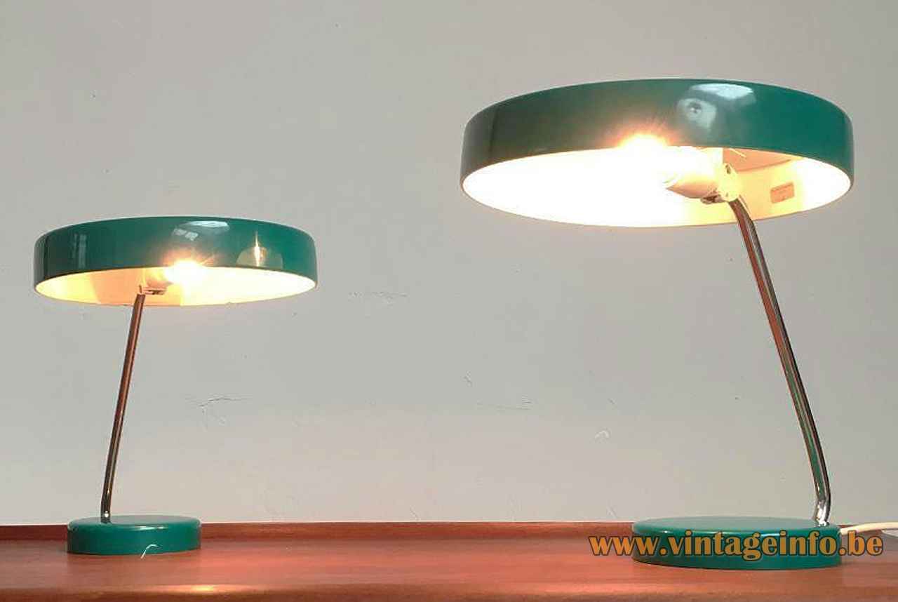 Kaiser Leuchten desk lamp 6658 round green base curved chrome rod mushroom lampshade 1960s 1970s Germany