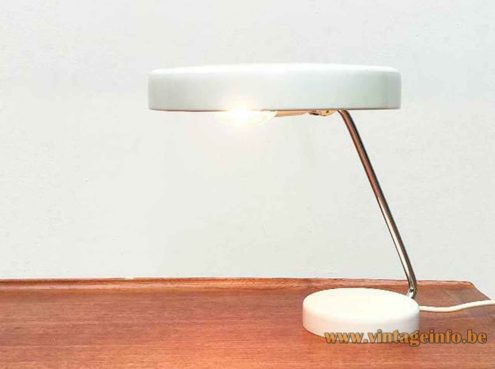 Kaiser Leuchten desk lamp 6658 round white base curved chrome rod mushroom lampshade 1960s 1970s Germany