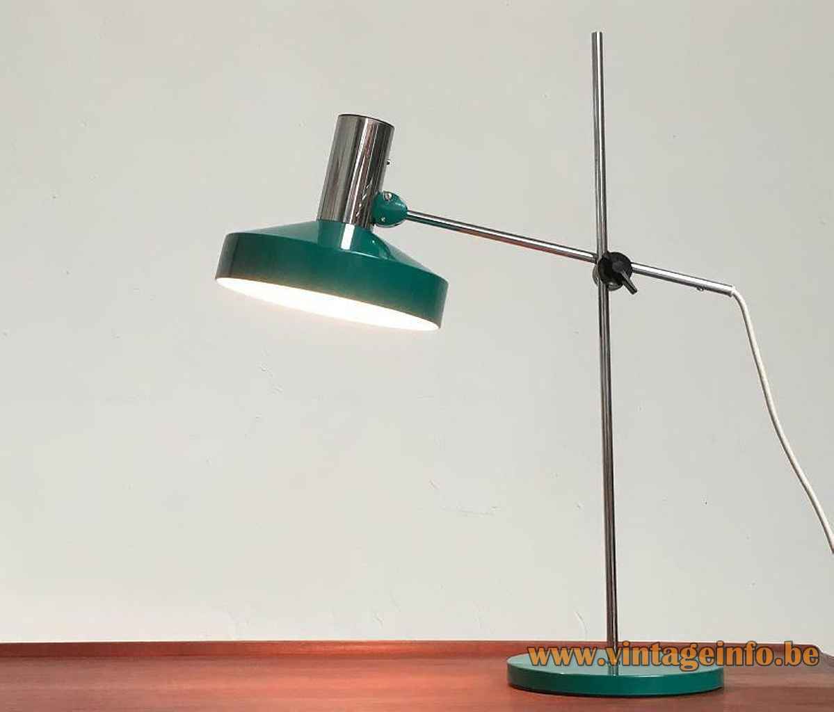 Kaiser Leuchten desk lamp 6857 round green base & adjustable lampshade chrome rods 1960s 1970s Germany