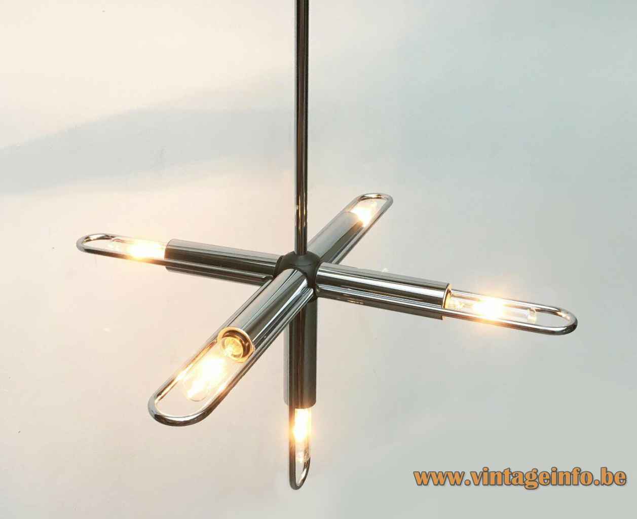 Kinkeldey chrome tubes chandelier curved metal rods 5 E14 light bulbs 1970s Germany Sputnik Space Age