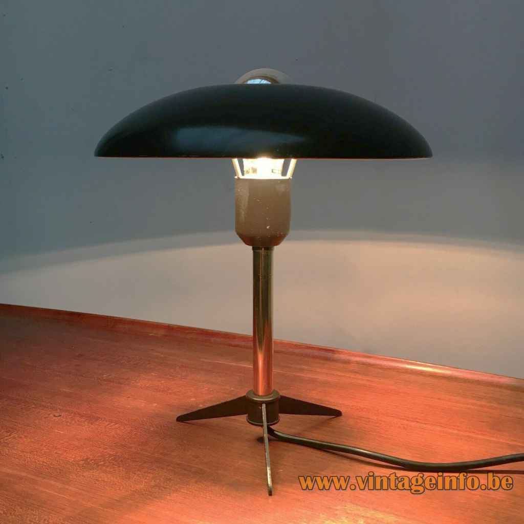 Louis Kalff Minou desk lamp 1950s design tripod base straight rod mushroom lampshade 1960s Philips 