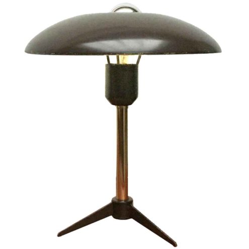Louis Kalff Minou desk lamp 1950s design tripod base straight rod mushroom lampshade 1960s Philips